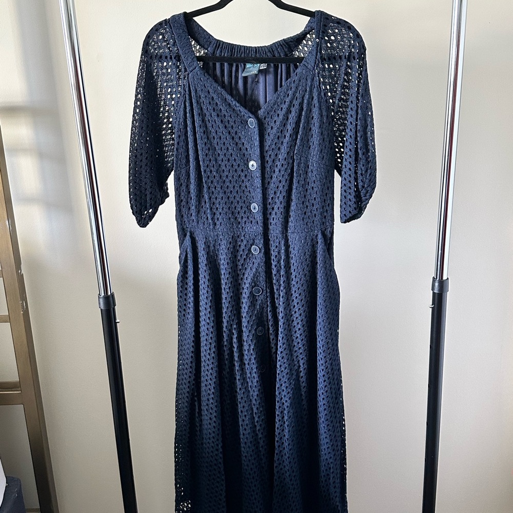 blue midi dress with mesh detail, buttons, and pockets!!